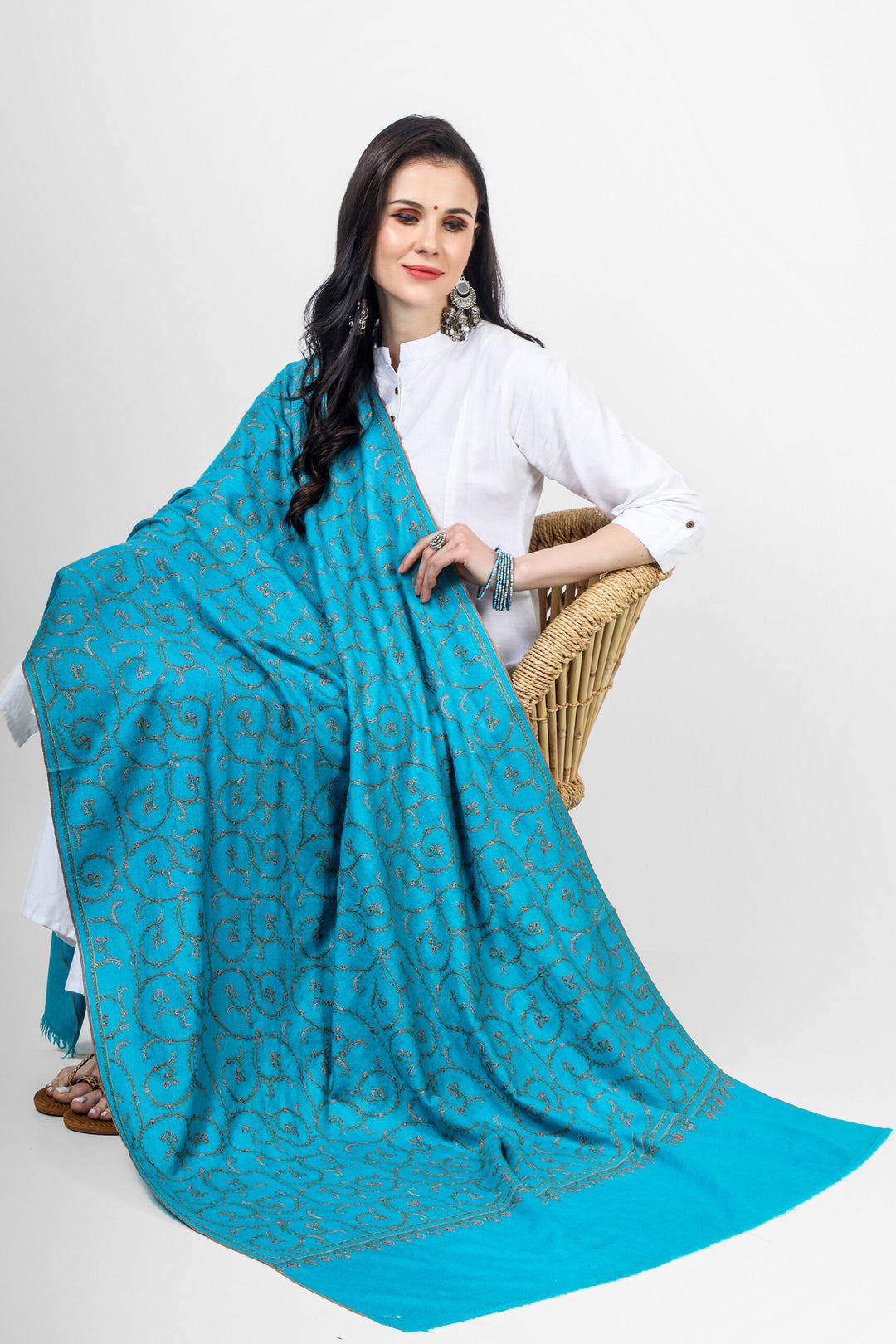 Deep Sky Blue Pashmina Jaldaar Embroidered Shawl