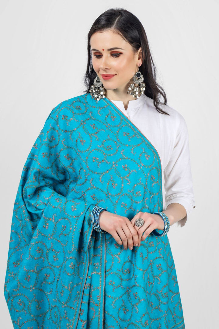 Deep Sky Blue Pashmina Jaldaar Embroidered Shawl