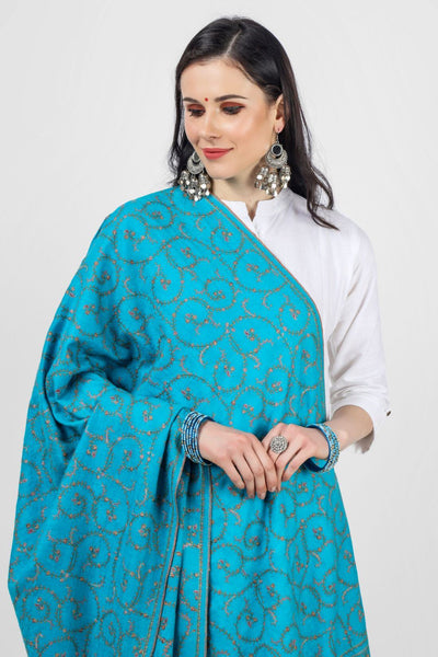 Deep Sky Blue Pashmina Jaldaar Embroidered Shawl