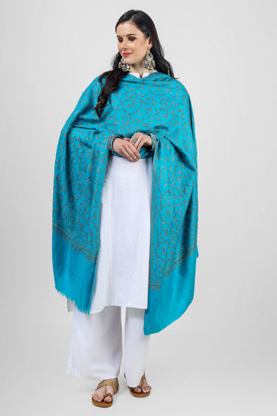Deep Sky Blue Pashmina Jaldaar Embroidered Shawl