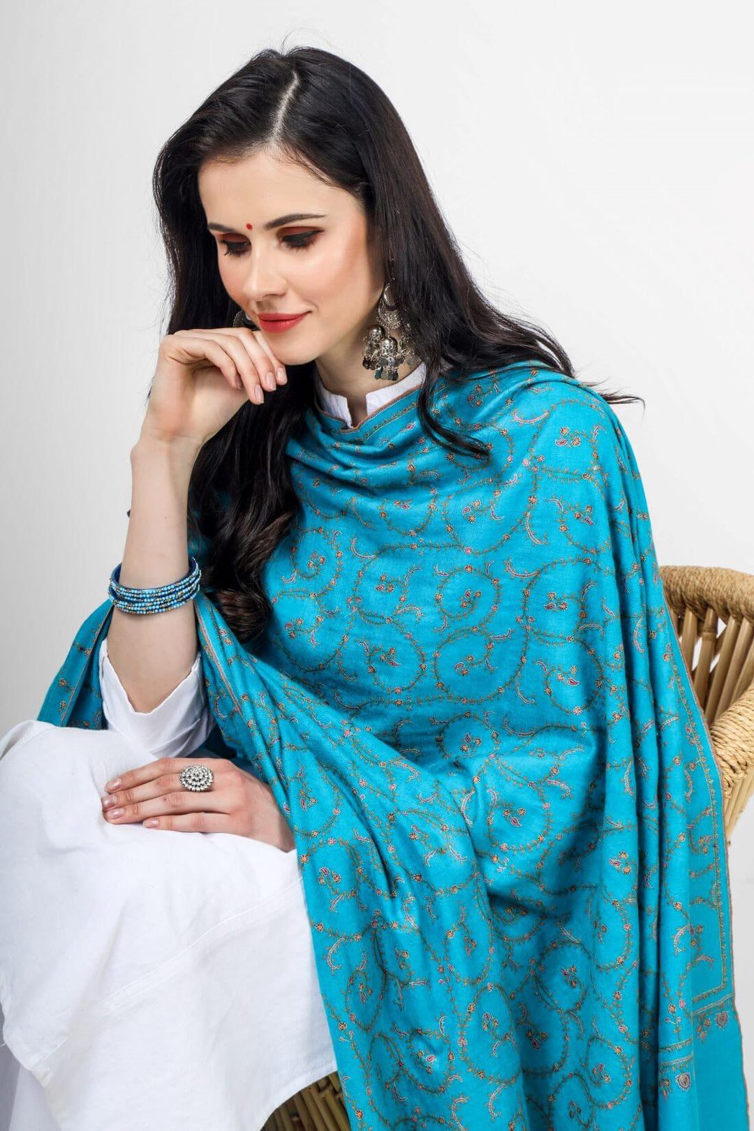 Deep Sky Blue Pashmina Jaldaar Embroidered Shawl PASHMINA SHAWLS - DELHI PASHMINA SHAWLS- INDIA PASHMINA SHAWLS -ORGINAL PASHMINA SHAWLS