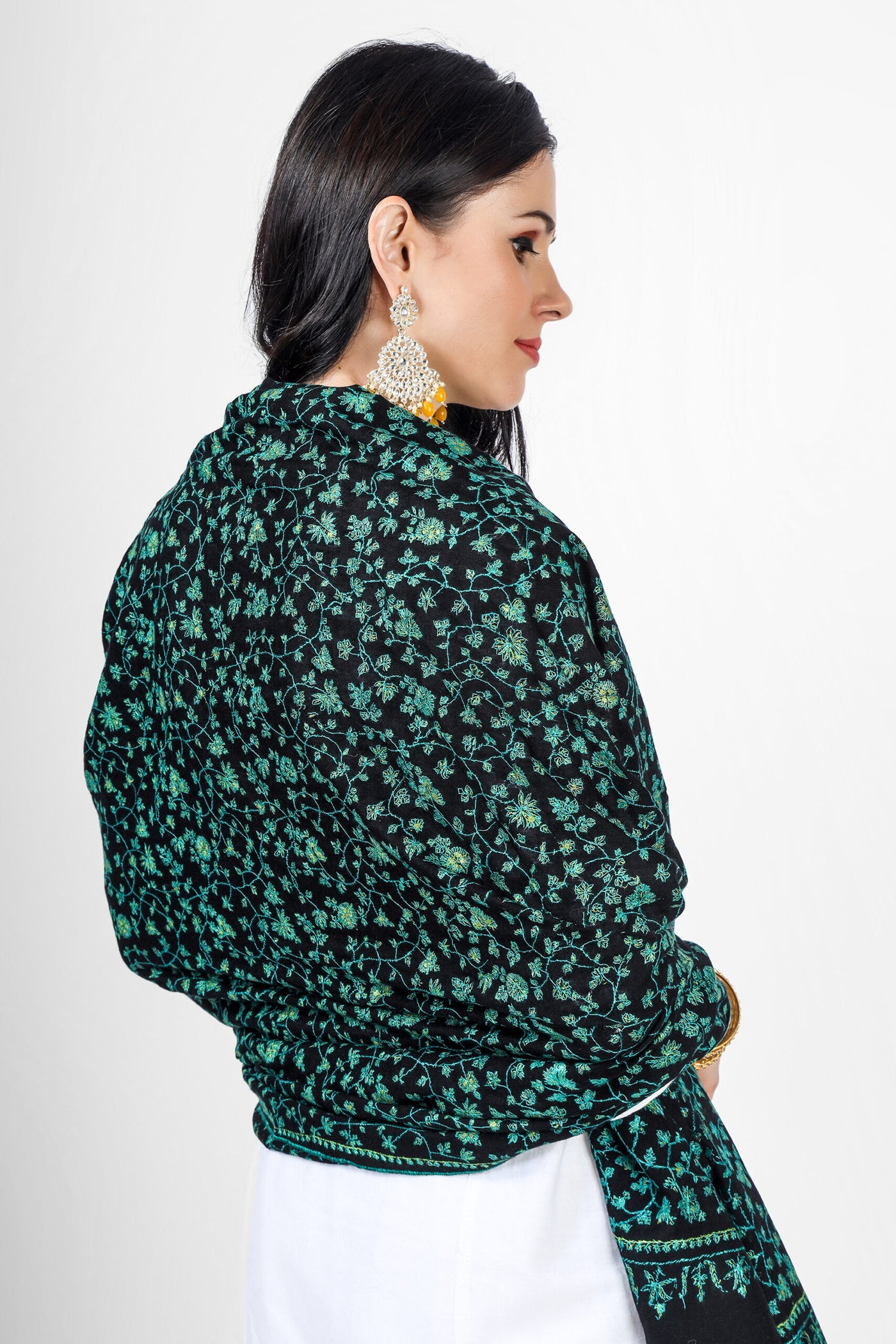 Black Pashmina Jaldaar Green Embroidered Shawl