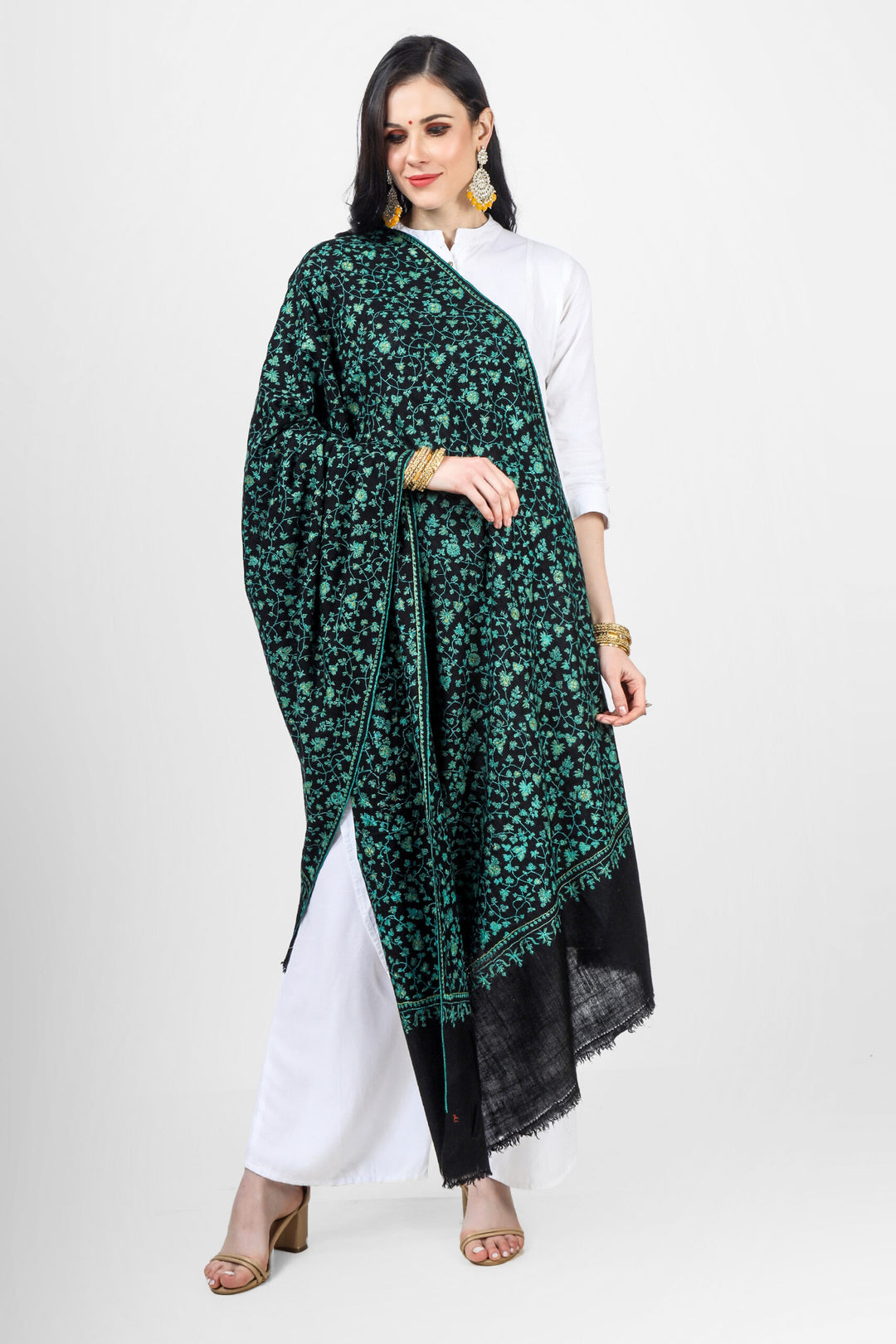 Black Pashmina Jaldaar Green Embroidered Shawl