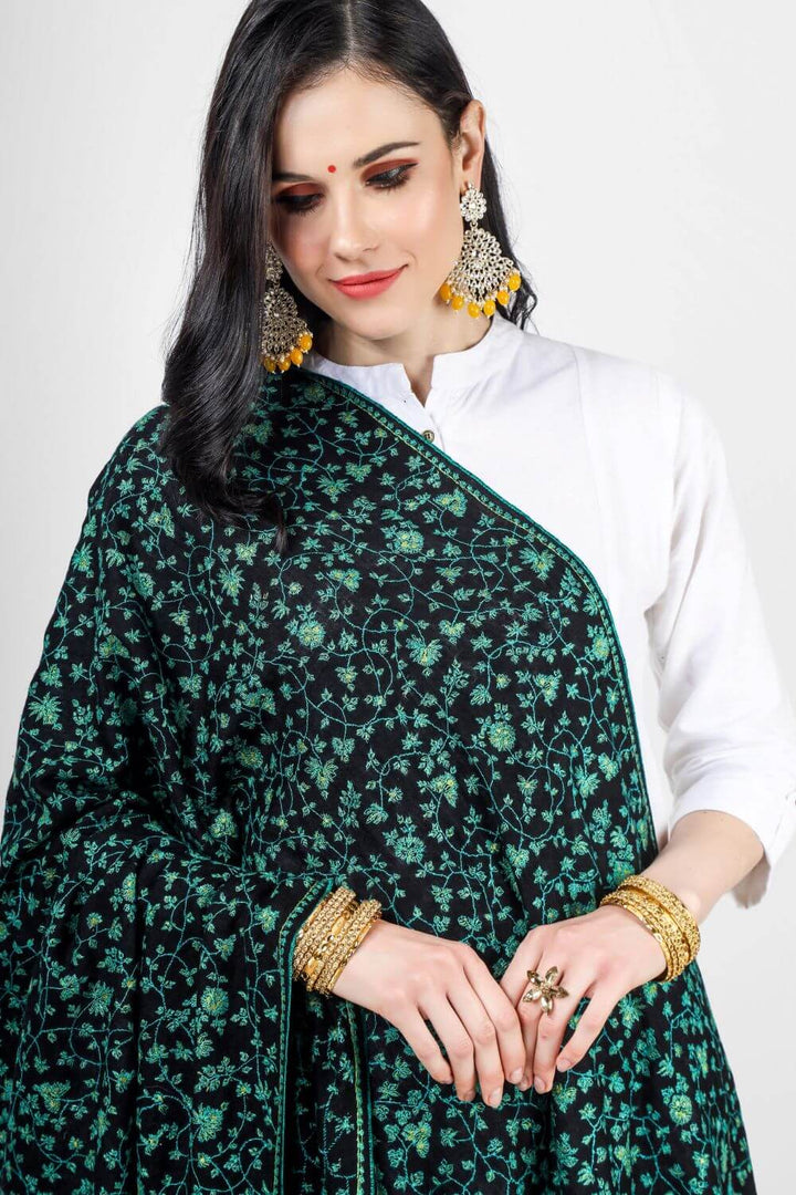 Black Pashmina Jaldaar Green Embroidered Shawl