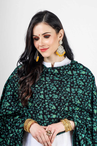 Black Pashmina Jaldaar Green Embroidered Shawl