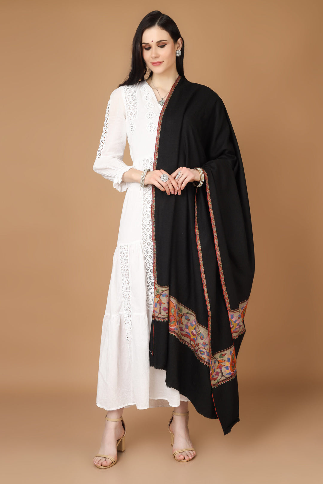 "KANI SHAWL - Black Kani Crafted in Flower Designs on the Pallas in All the Ravishing Colors of Nature is a Treasure Available Online at - CANADA - BRAZIL - GERMANY - SINGAPORE - NORWAY - INDIA - UK - AUSTRALIA - FRANCE - ITALY."