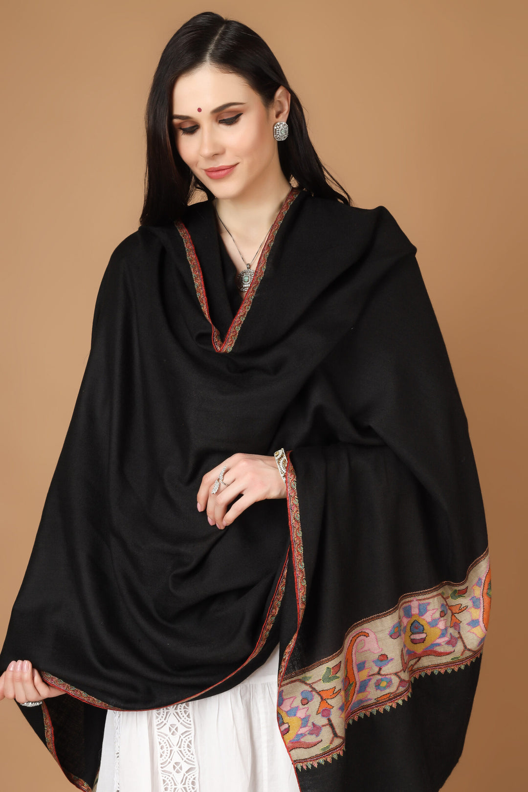 "KANI SHAWL - Black Kani Crafted in Flower Designs on the Pallas in All the Ravishing Colors of Nature is a Treasure Available Online at - CANADA - BRAZIL - GERMANY - SINGAPORE - NORWAY - INDIA - UK - AUSTRALIA - FRANCE - ITALY."