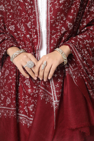 Maroon Pashmina Jaldaar gray Embroidered Shawl