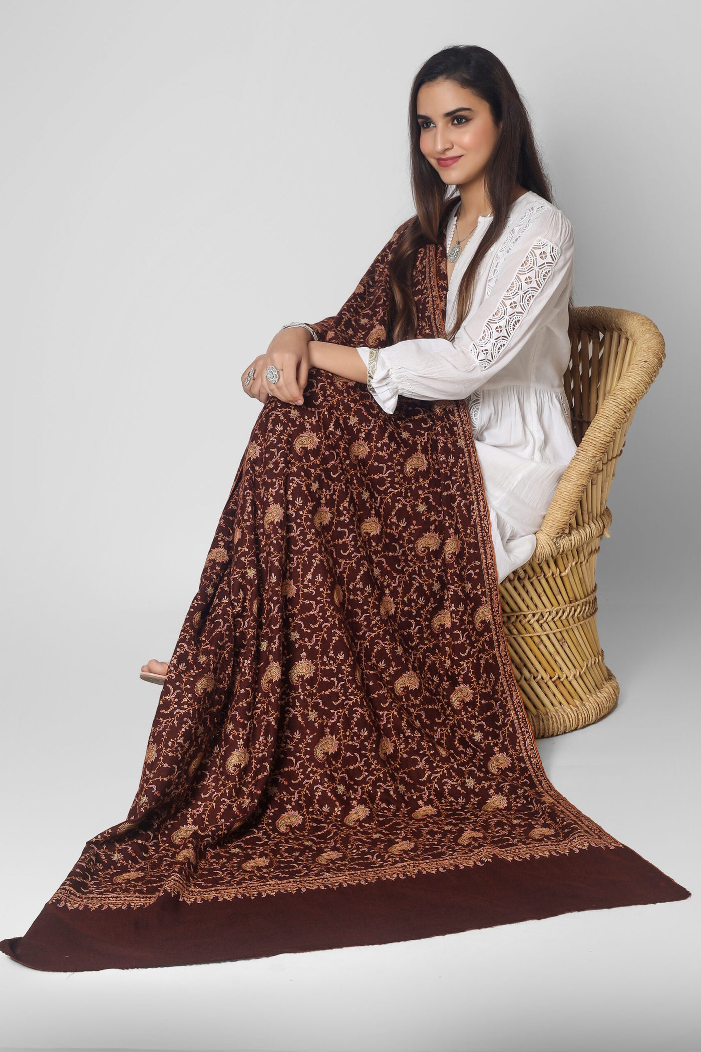 Dark Brown Pashmina Jaldaar multicolor Embroidered Shawl