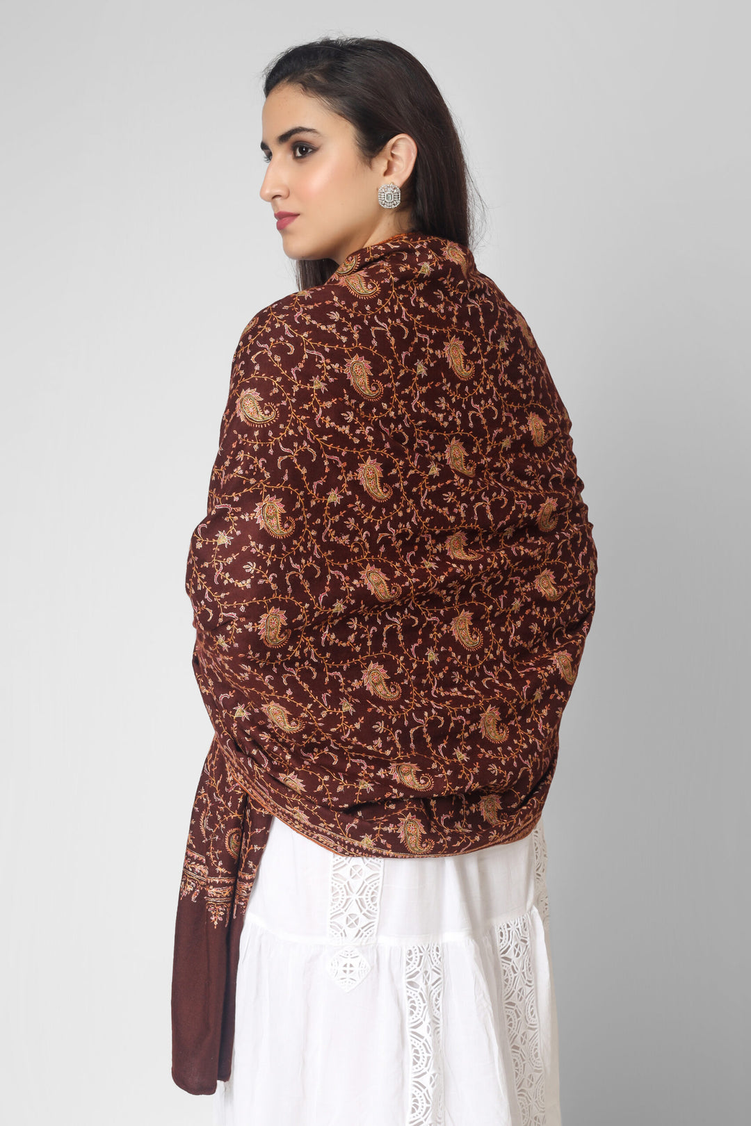 Dark Brown Pashmina Jaldaar multicolor Embroidered Shawl