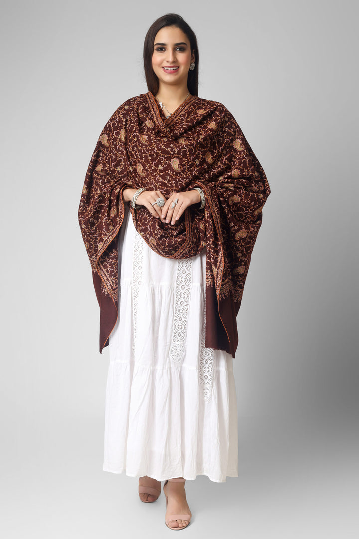 Dark Brown Pashmina Jaldaar multicolor Embroidered Shawl