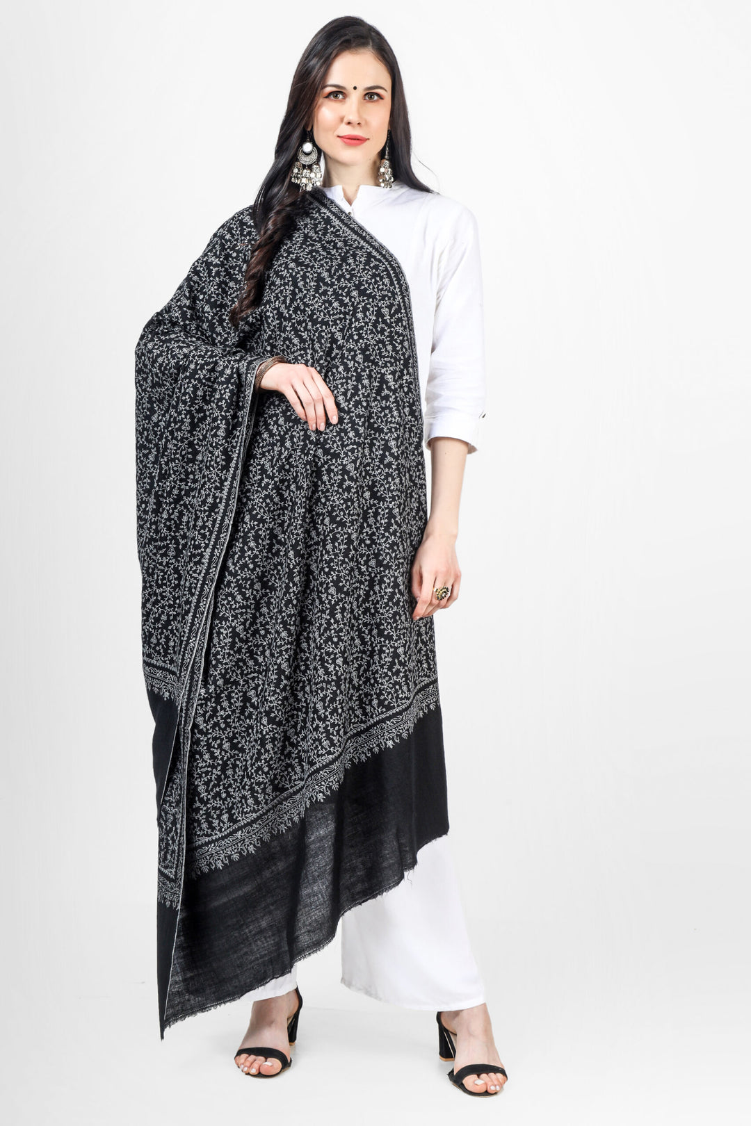 PASHMINA SHAWLS - Black Pashmina Jaldaar Silver Gray Embroidered Shawl. Elevate your style with this stunning accessory. Shop now at Kepra.