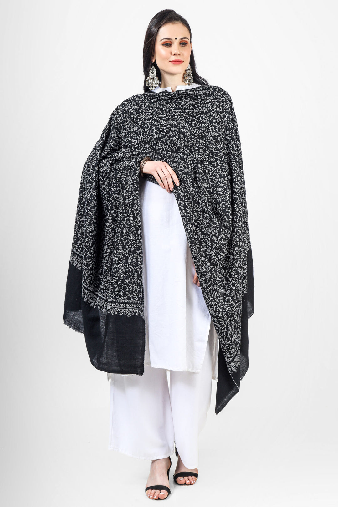 PASHMINA SHAWLS - Black Pashmina Jaldaar Silver Gray Embroidered Shawl. Elevate your style with this stunning accessory. Shop now at Kepra.