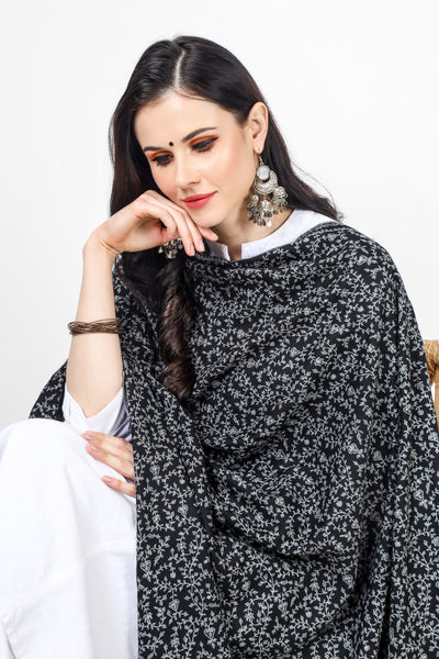 Black Pashmina Jaldaar Silver Gray Embroidered Shawl
