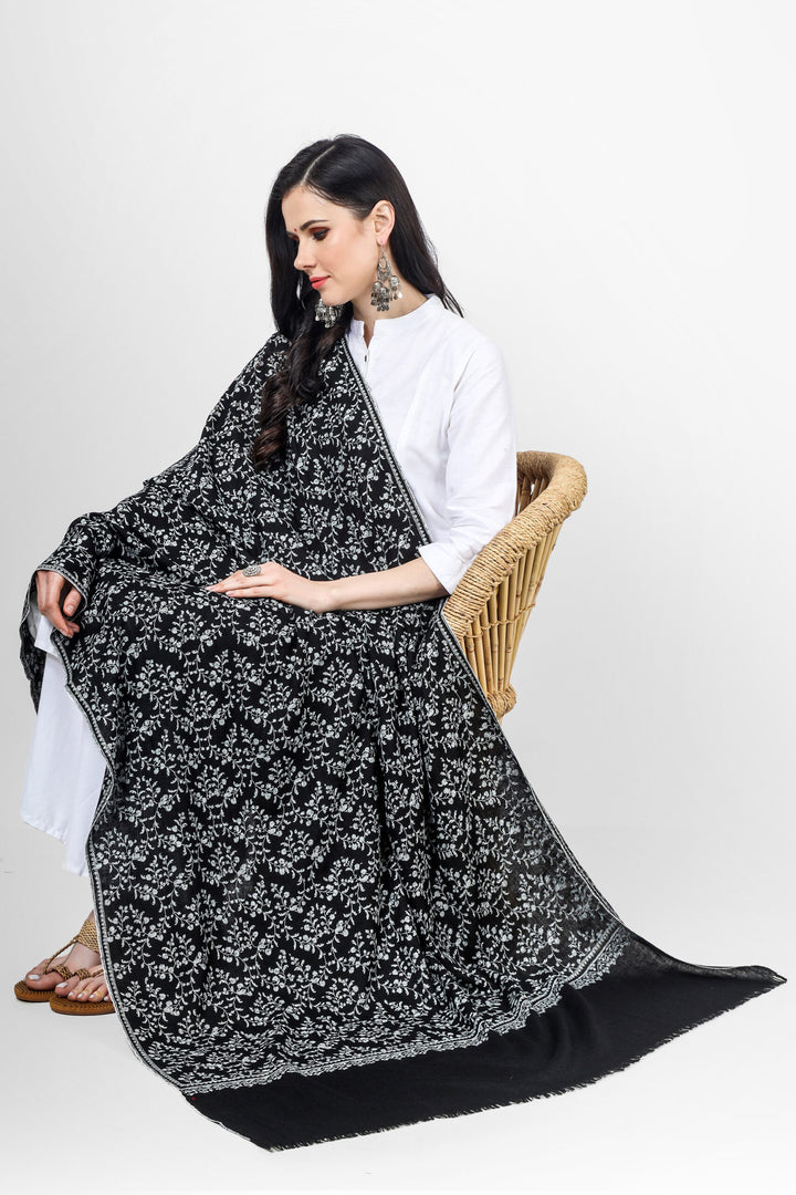 Black Pashmina Jaldaar white Mehraab Embroidered Shawl