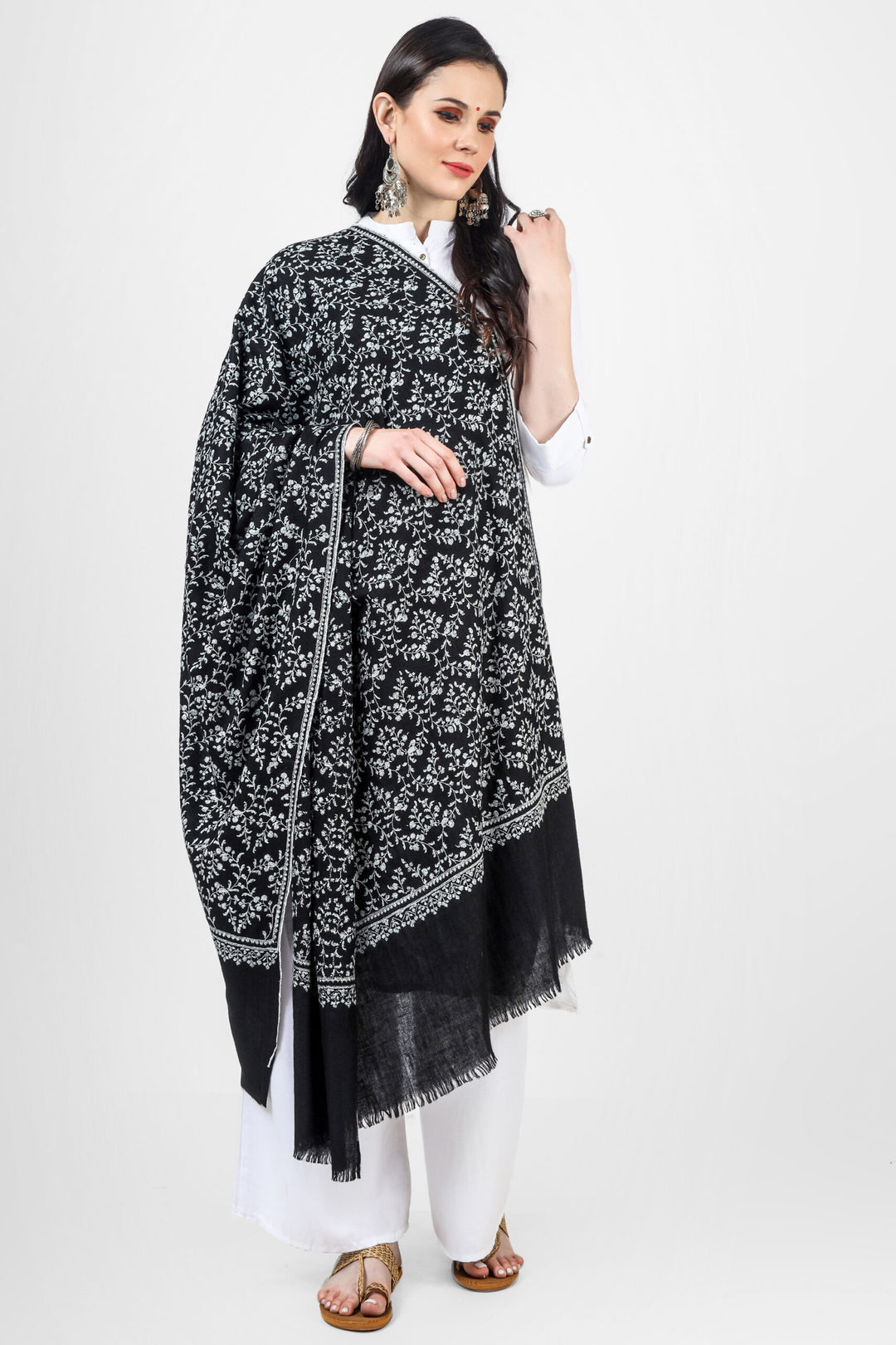 Black Pashmina Jaldaar white Mehraab Embroidered Shawl