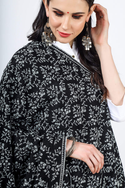 Black Pashmina Jaldaar white Mehraab Embroidered Shawl