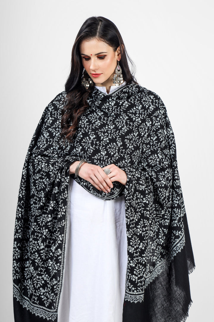 Black Pashmina Jaldaar white Mehraab Embroidered Shawl