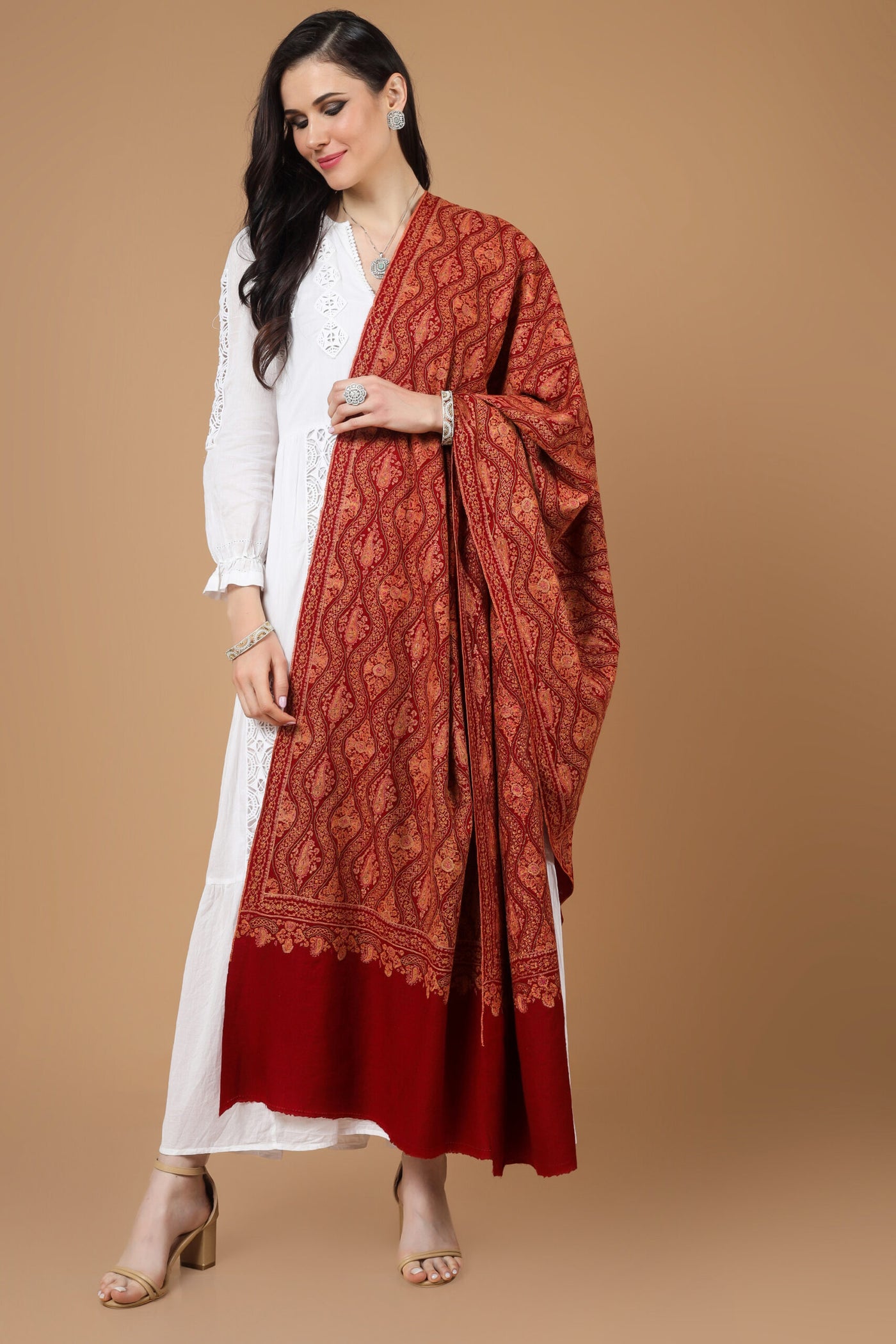 "PASHMINA SHAWL - A Statement of Elegance" bright Maroon colored Pashmina is featured by intricate Sozni across its surface. "PASHMINA SHAWLS IN  UAE - Middle Eastern Opulence and Grace" . "KEPRA PASHMINA SHAWLS - For Those Who Seek Perfection"