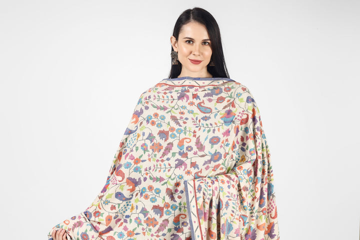 "KANI SHAWL - White  kani Pashmina Shawl, and the fact that it was made by skilled artisans online available at - ITALY - SPAIN - SWITZERLAND - SOUTH AFRICA - NEW ZEALAND - SINGAPORE - MALAYSIA ."