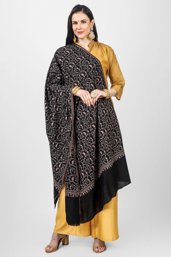 "PASHMINA -SHAWLS - in ISTANBUL by - KEPRA PASHMINA SHAWLS"black-pashmina-jaldaar-elegant-needle-embroidered-shawl