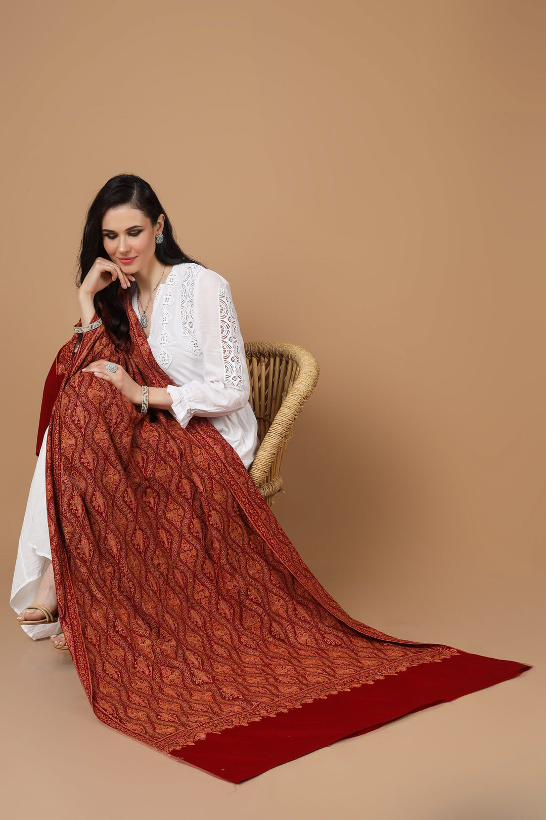 "PASHMINA SHAWL - A Statement of Elegance" bright Maroon colored Pashmina is featured by intricate Sozni across its surface. "PASHMINA SHAWLS IN ITALY . "KEPRA PASHMINA SHAWLS - For Those Who Seek Perfection"