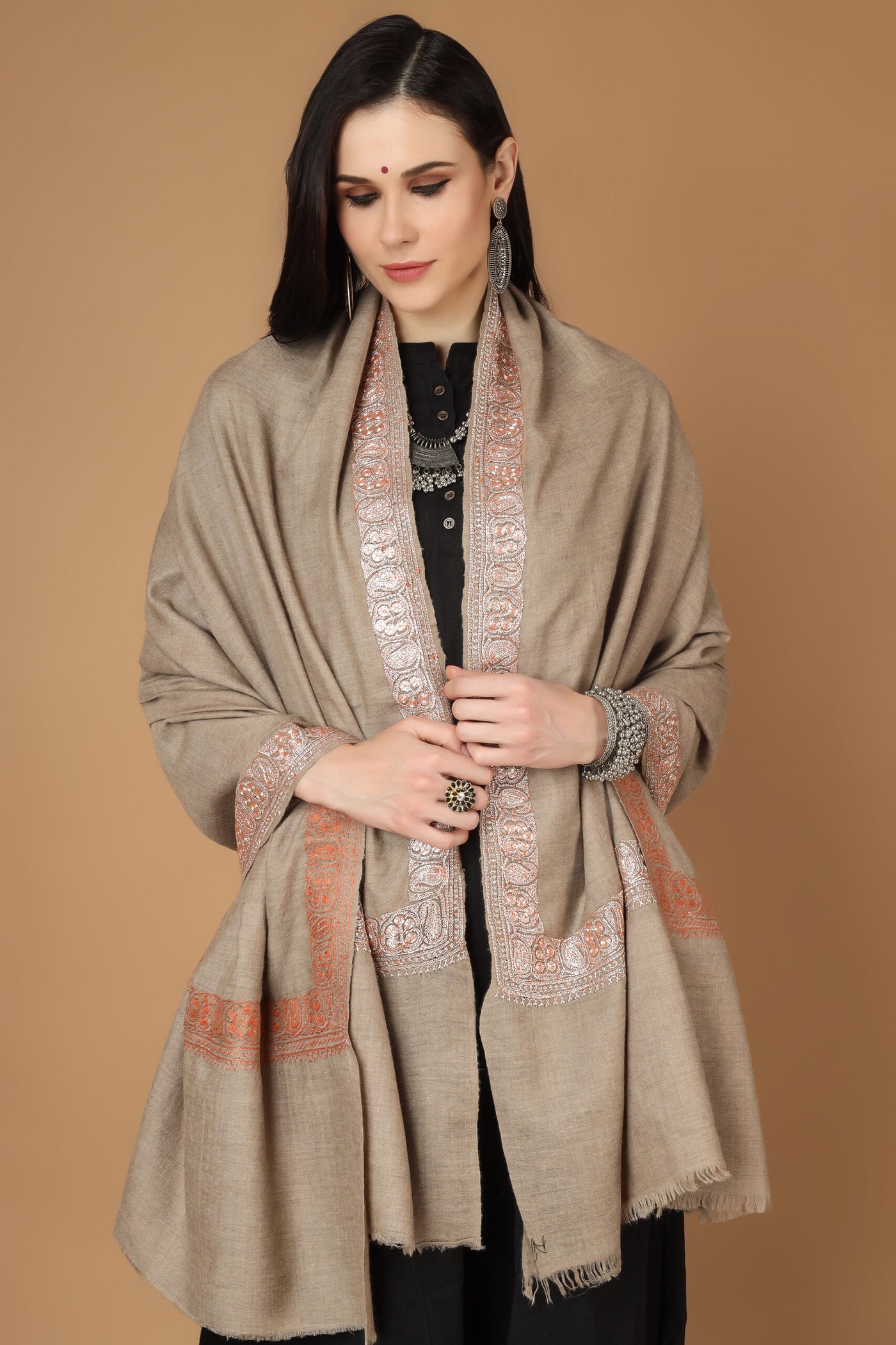 Natural color Pashmina cooper tilla work border shawl