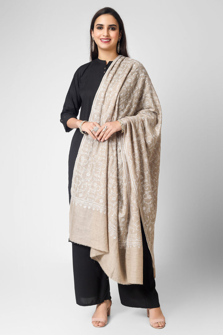 Light Natural Pashmina  Jaldaar Sozni Embroidered shawl