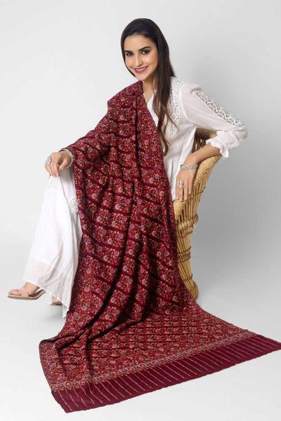  A passionate and ravishing wine color Pashmina Shawl in combination with the legendary paper mache Sozni Embroidery in intricate Jaldaar khatras. 