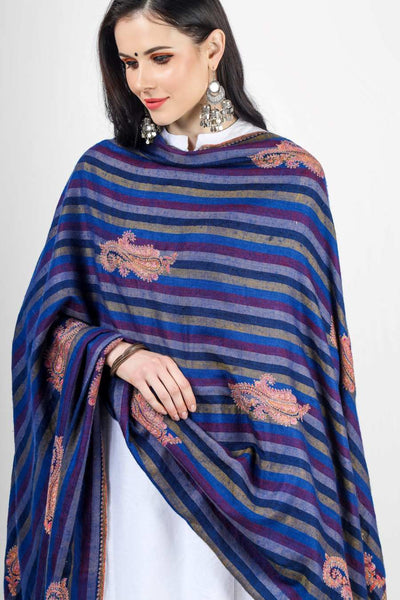 Blue Pashmina striped large  bootidaar shawl