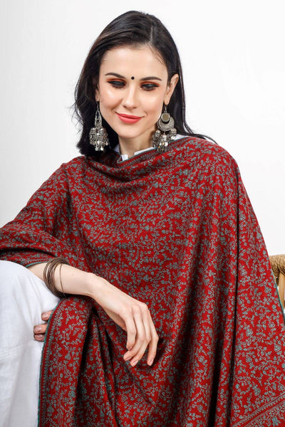 Maroon Jaldaar Sozni Embroidered Pashmina Shawl