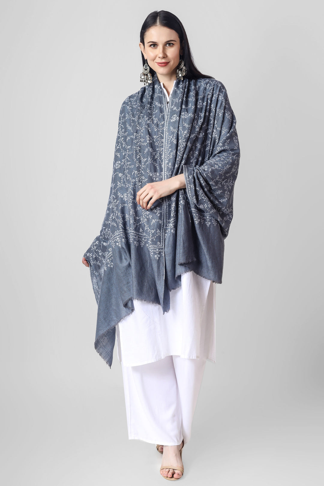 QATAR - Gray Jaldaar Sozni Embroidered Pashmina Shawl