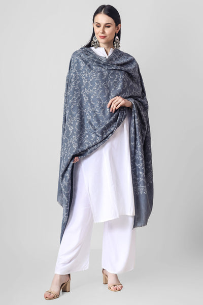 QATAR - Gray Jaldaar Sozni Embroidered Pashmina Shawl