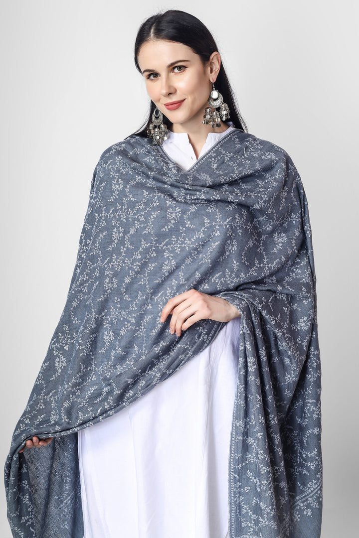 QATAR - Gray Jaldaar Sozni Embroidered Pashmina Shawl