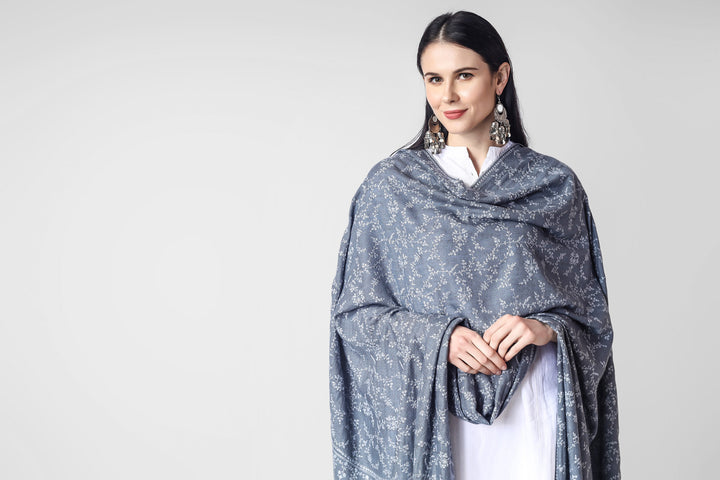 QATAR - Gray Jaldaar Sozni Embroidered Pashmina Shawl