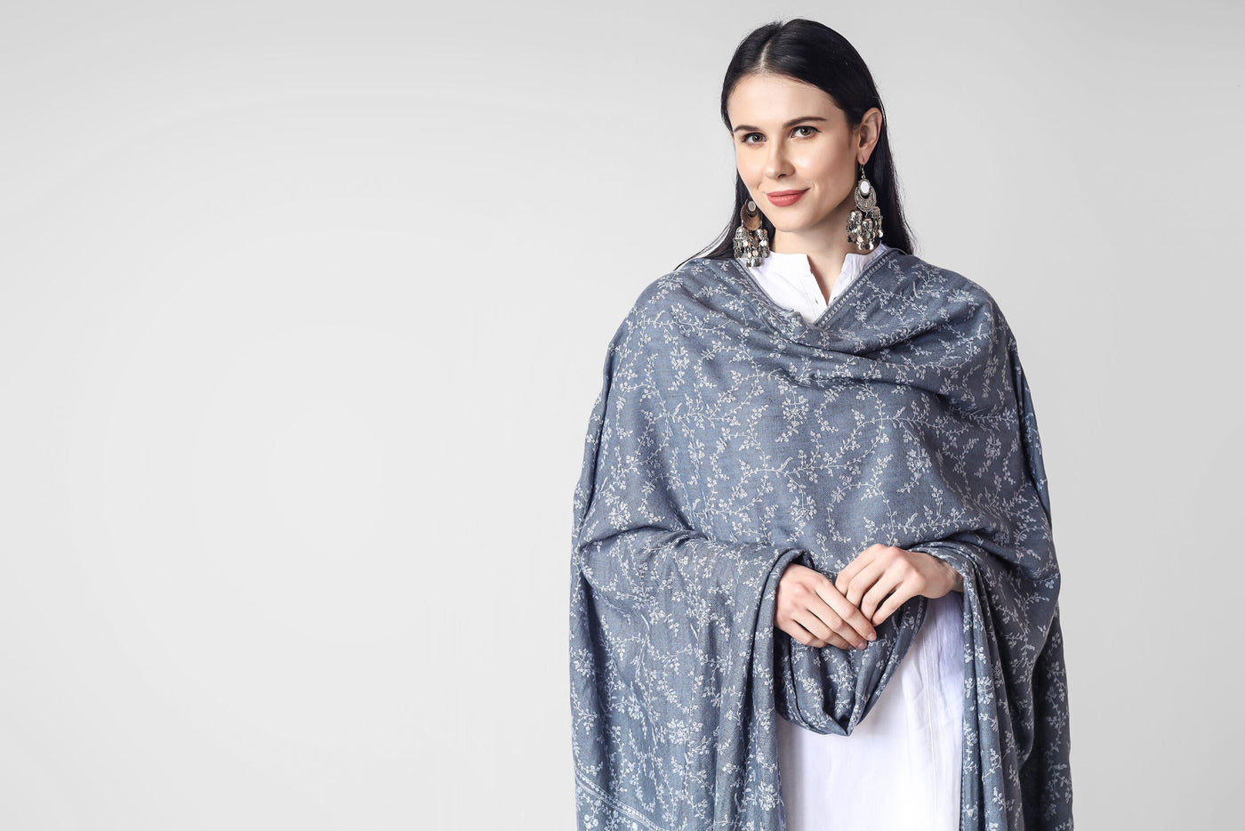 QATAR - Gray Jaldaar Sozni Embroidered Pashmina Shawl
