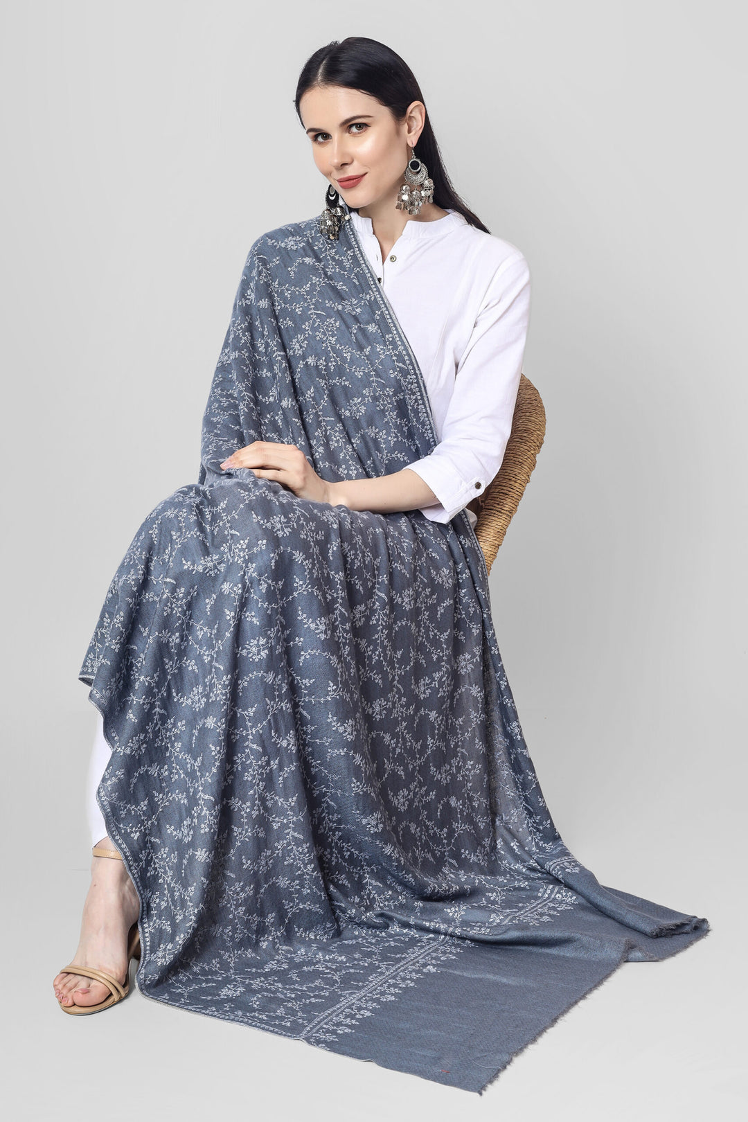 QATAR - Gray Jaldaar Sozni Embroidered Pashmina Shawl