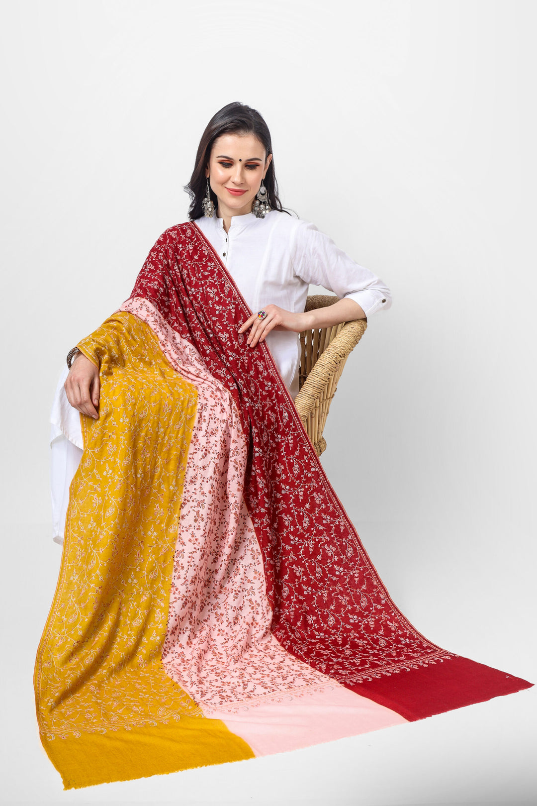 Tri Color Jaldaar Sozni Embroidered Pashmina Shawl