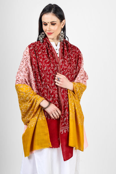 Tri Color Jaldaar Sozni Embroidered Pashmina Shawl
