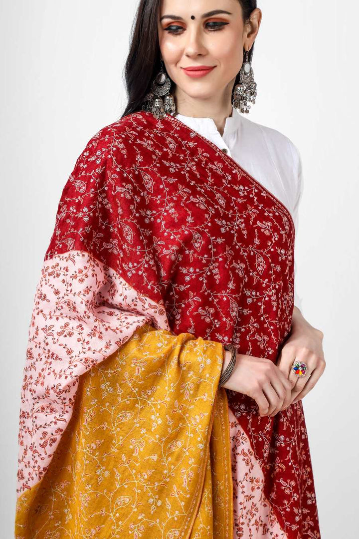 Tri Color Jaldaar Sozni Embroidered Pashmina Shawl