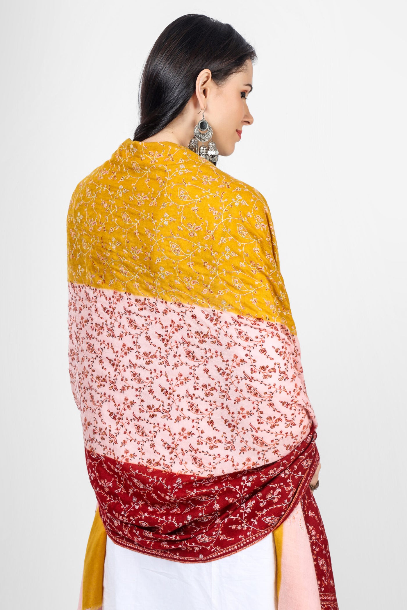 Tri Color Jaldaar Sozni Embroidered Pashmina Shawl