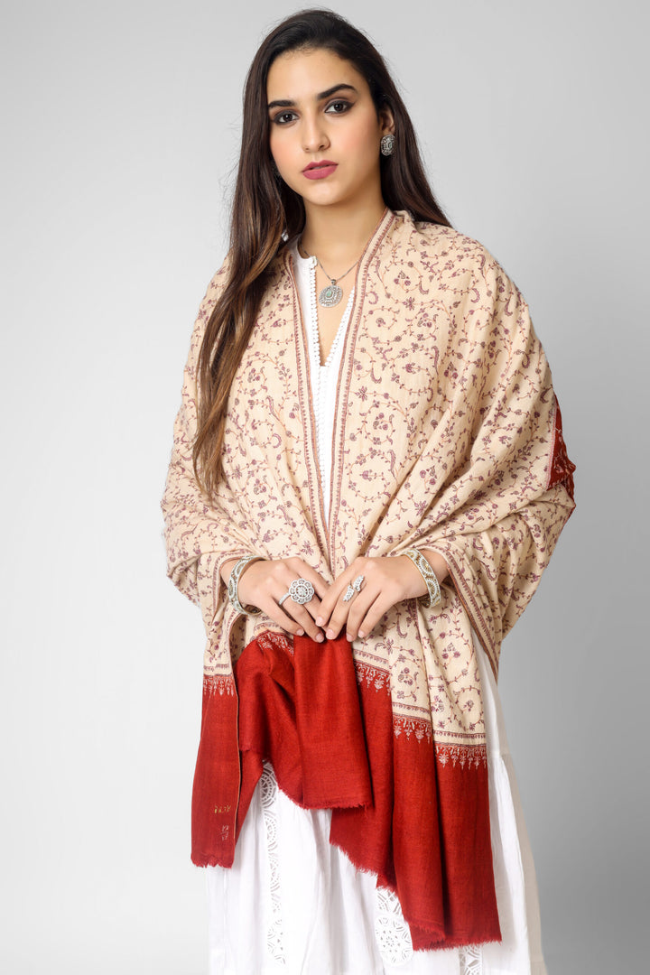 White & red Jaldaar Sozni Embroidered Pashmina Shawl