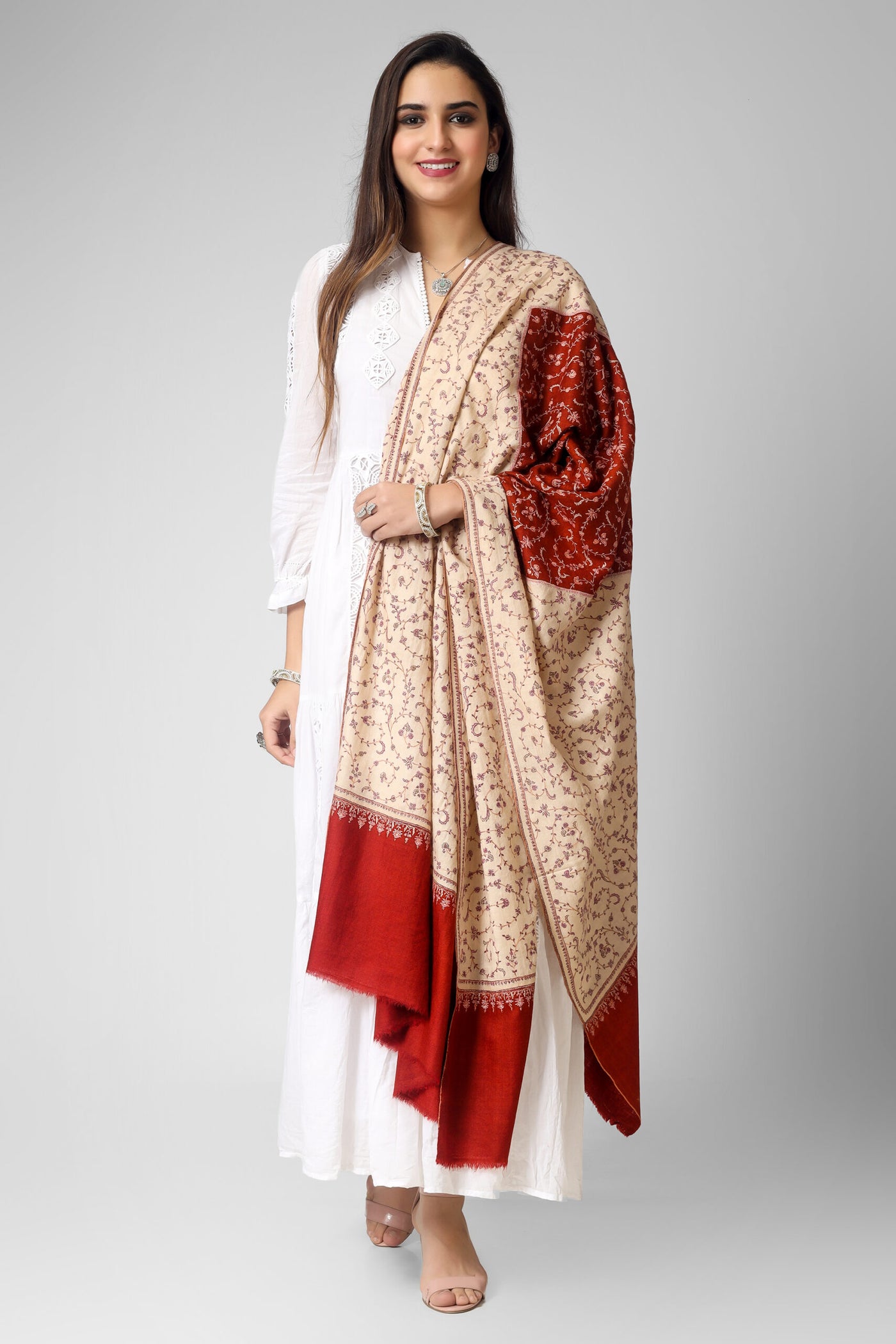 White & red Jaldaar Sozni Embroidered Pashmina Shawl