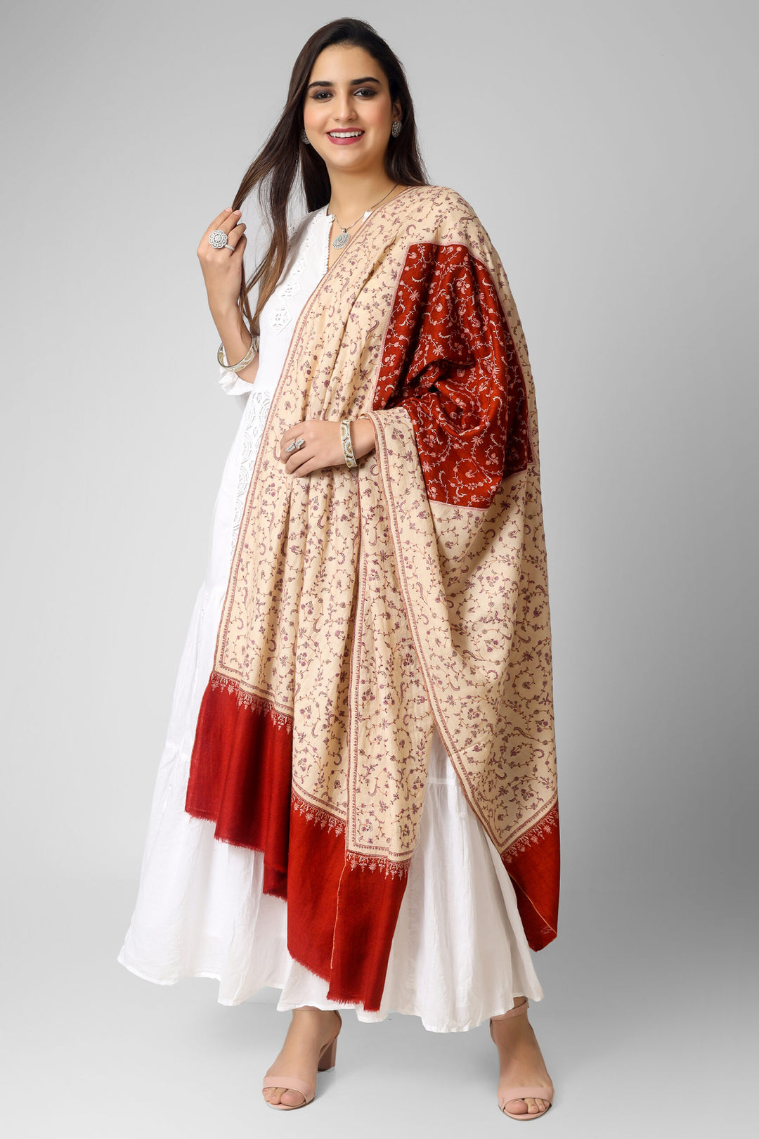 White & red Jaldaar Sozni Embroidered Pashmina Shawl