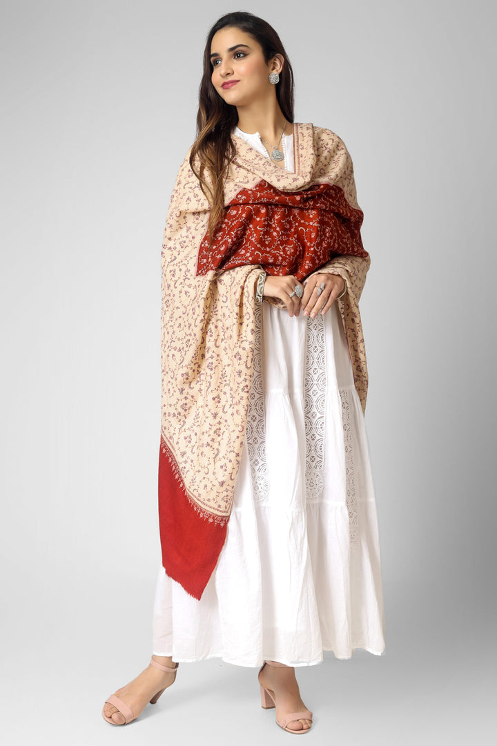 White & red Jaldaar Sozni Embroidered Pashmina Shawl