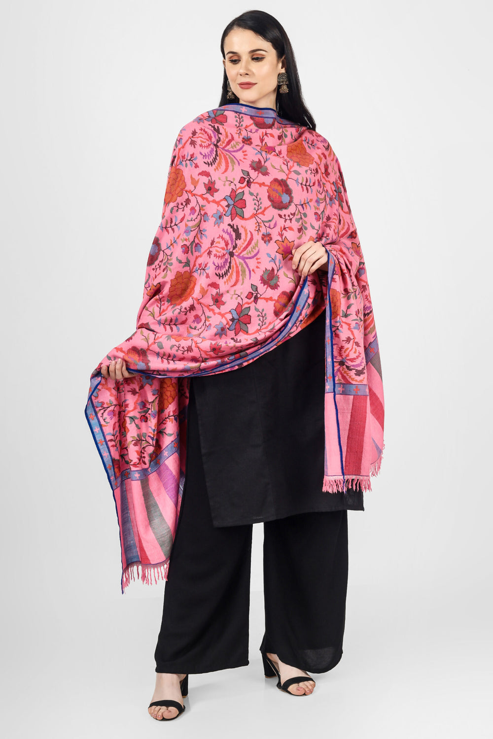 "KANI SHAWL - Blooming Almond Blossoms Designed Directly on a Pink Pashmina Shawl in Kani Pattern online available at - ITALY, SPAIN, SWITZERLAND, SOUTH AFRICA, NEW ZEALAND, SINGAPORE, MALAYSIA, CHINA, ARGENTINA, MEXICO."