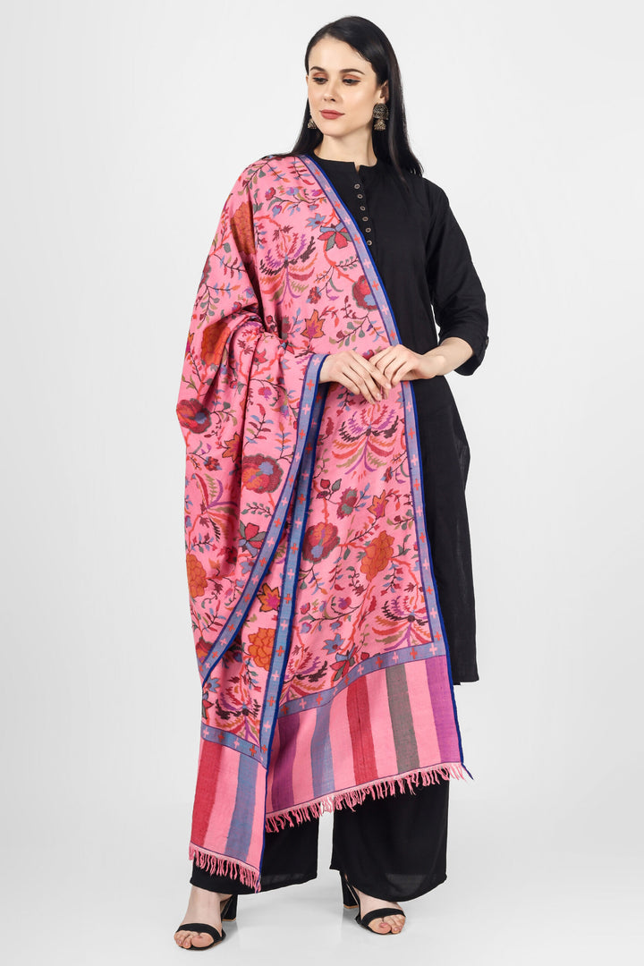 "KANI SHAWL - Blooming Almond Blossoms Designed Directly on a Pink Pashmina Shawl in Kani Pattern online available at - ITALY, SPAIN, SWITZERLAND, SOUTH AFRICA, NEW ZEALAND, SINGAPORE, MALAYSIA, CHINA, ARGENTINA, MEXICO."