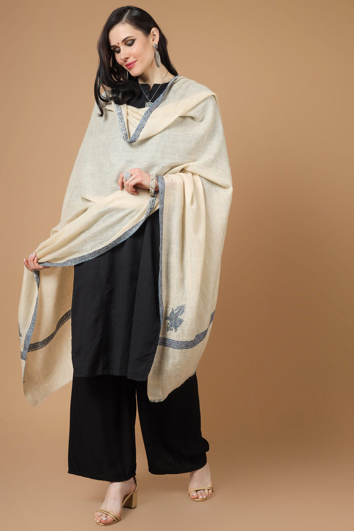 White gray work Pashmina hashidaar sozni shawl