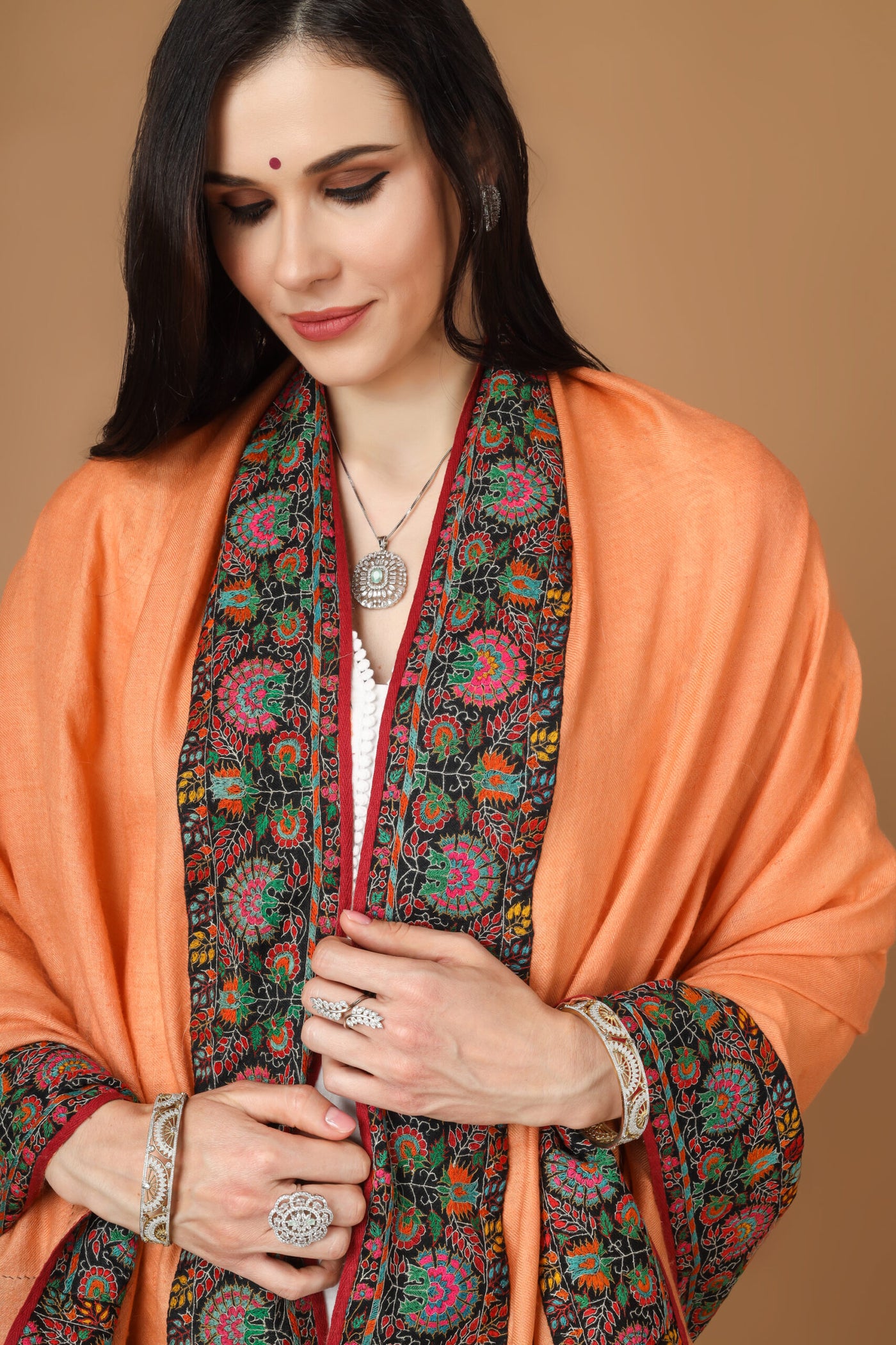 Peach  color Pashmina dourdaar sozni shawl