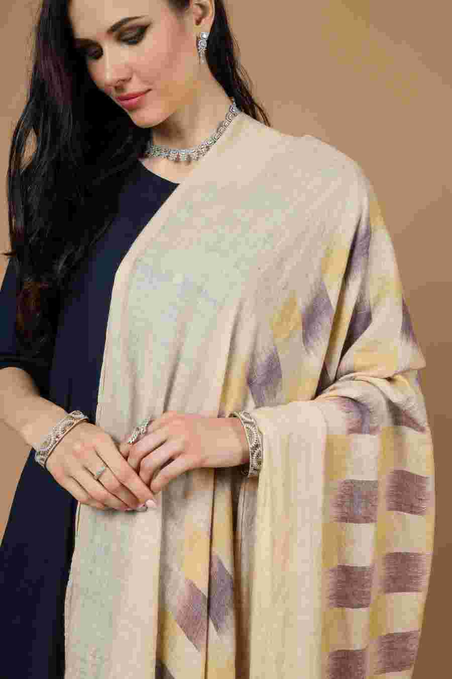 Purple yellow Pashmina ikkat shawl